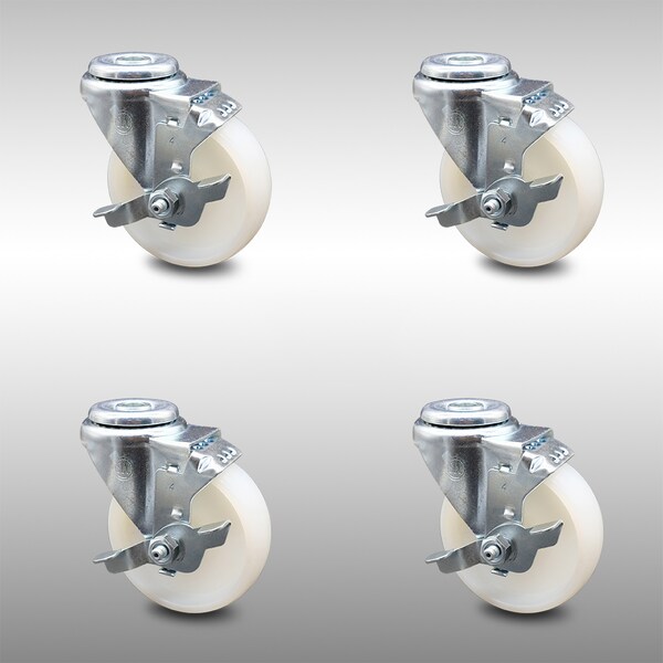 4 Inch SS Nylon Wheel Swivel Bolt Hole Caster Set with Brake